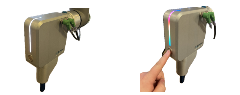 The tool with a white LED strip, then with the front button pressed and the strip showing a rainbow