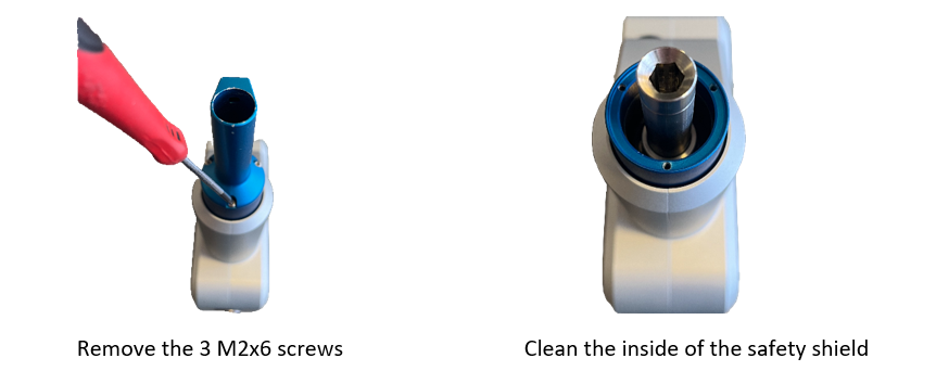 Removing the three M2x6 screws from the safety shield tip with a hex key, and the inside of the safety shield with the tip off