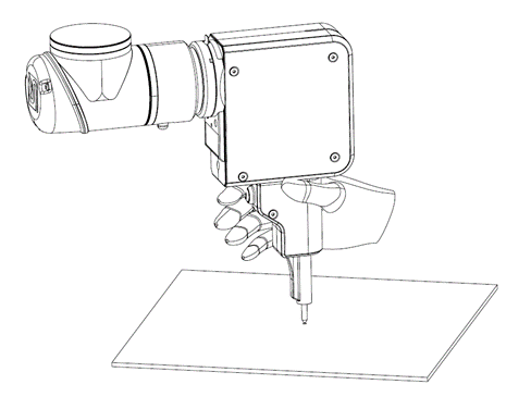Drawing of a hand guiding the tool so that the Teach Pointer meets the workpiece