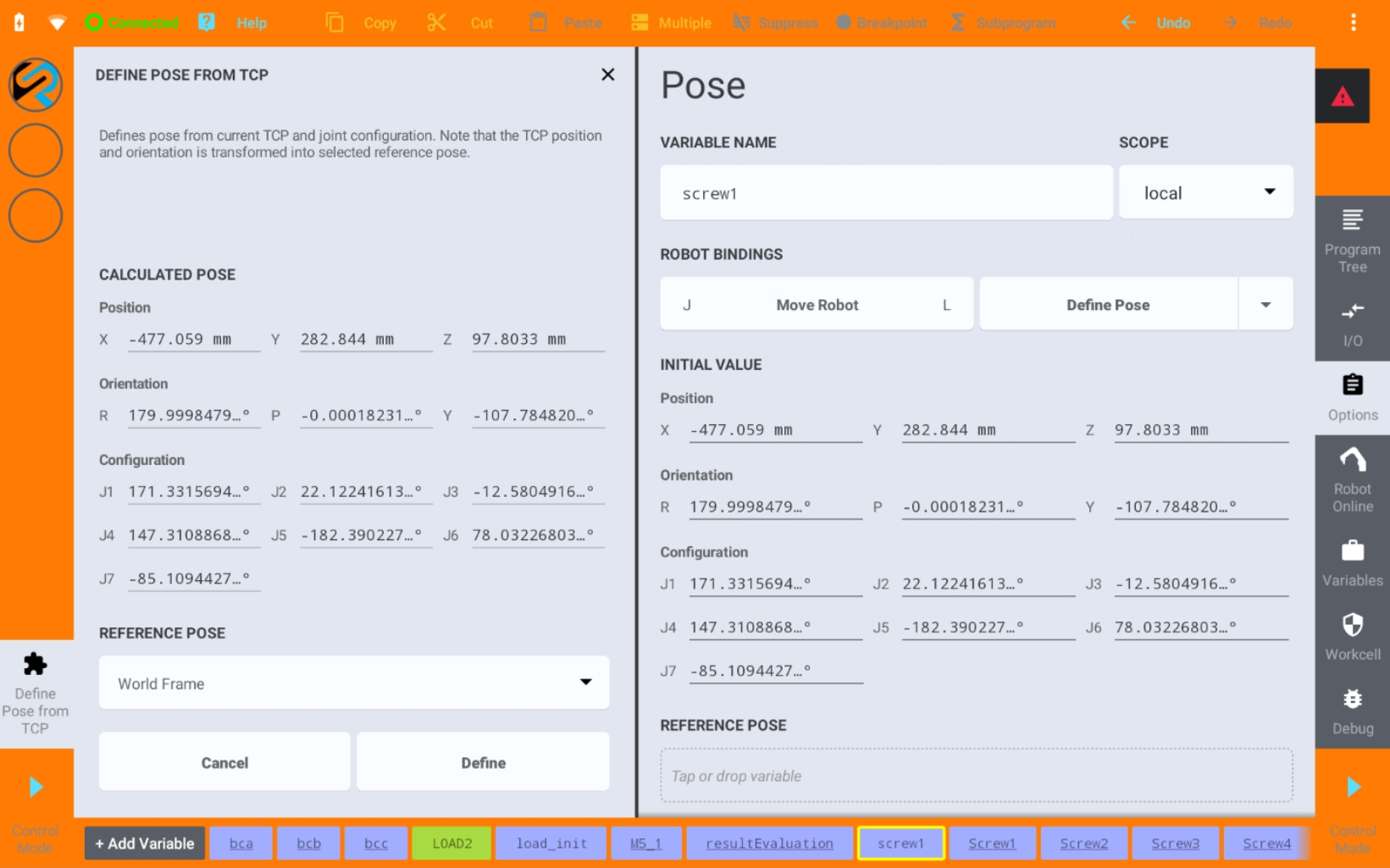 A Pose variable being defined from the TCP, with its position, orientation and joint configuration