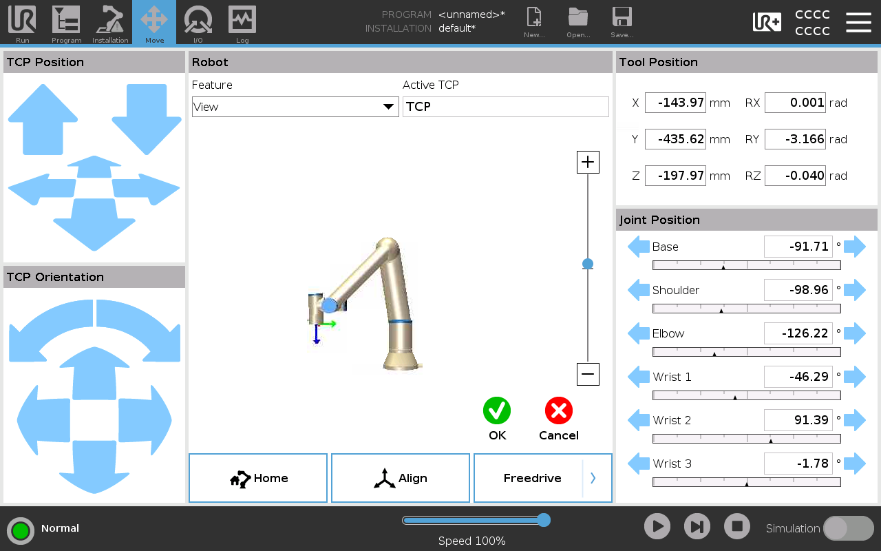 The PolyScope Move screen opened to teach a position, with the Freedrive and Align buttons