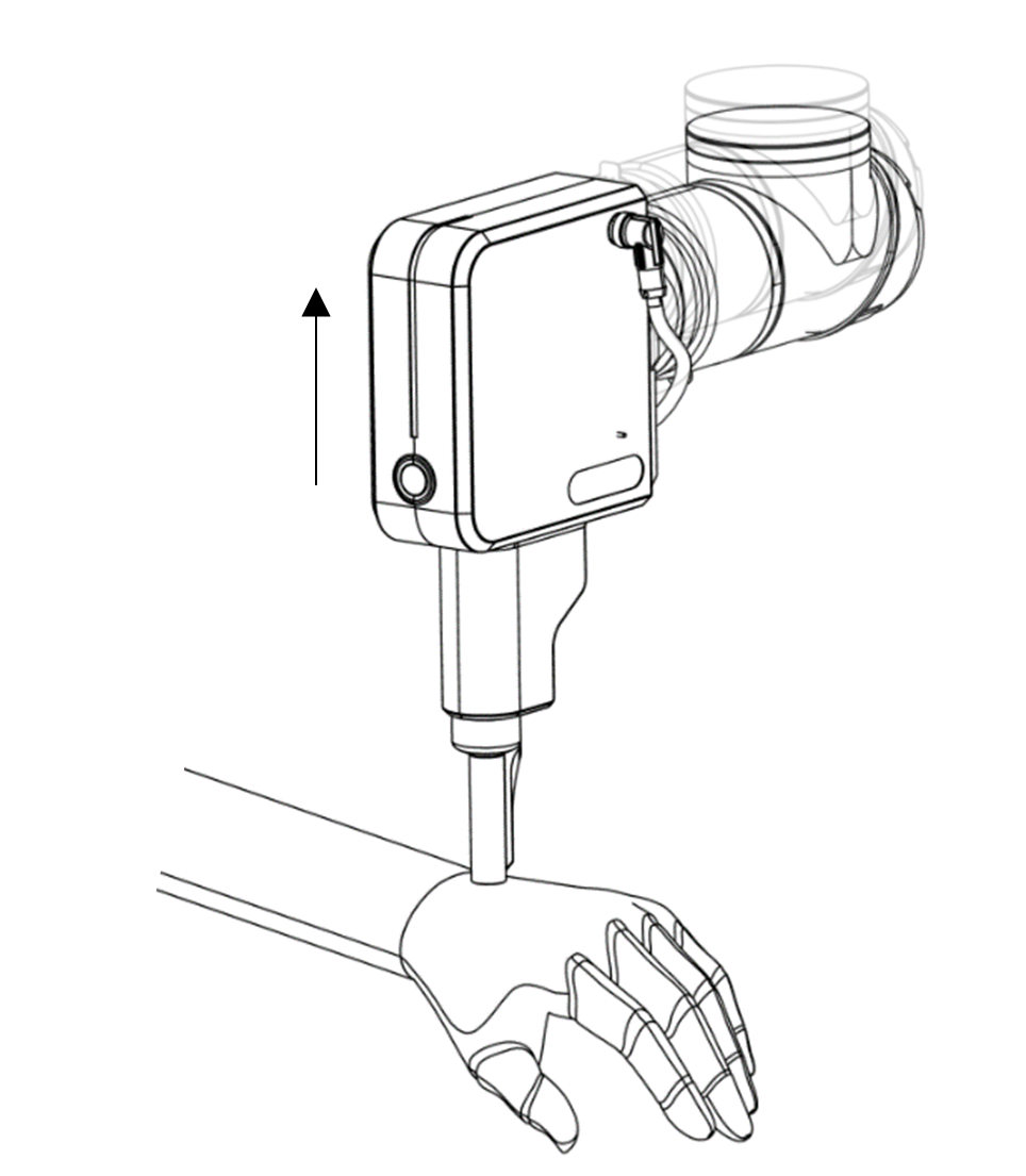 Drawing of the tool meeting a hand, with an arrow showing the tool being pushed upward