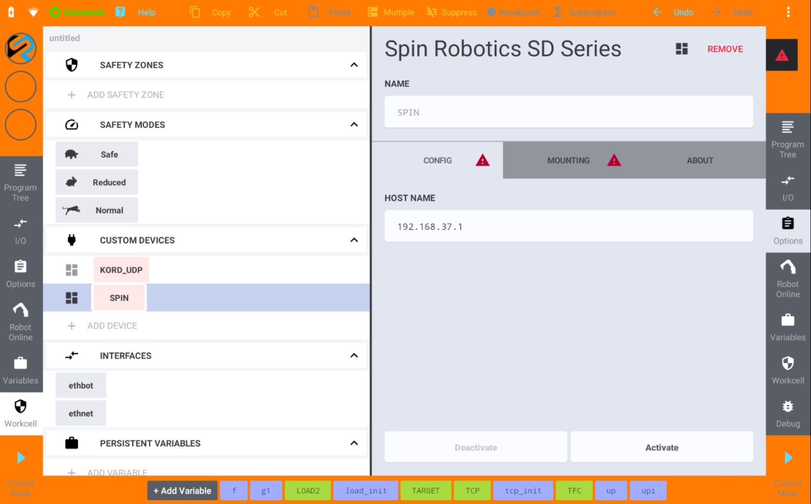 The SPIN custom device's Config tab, with the host name 192.168.37.1 and the Activate button