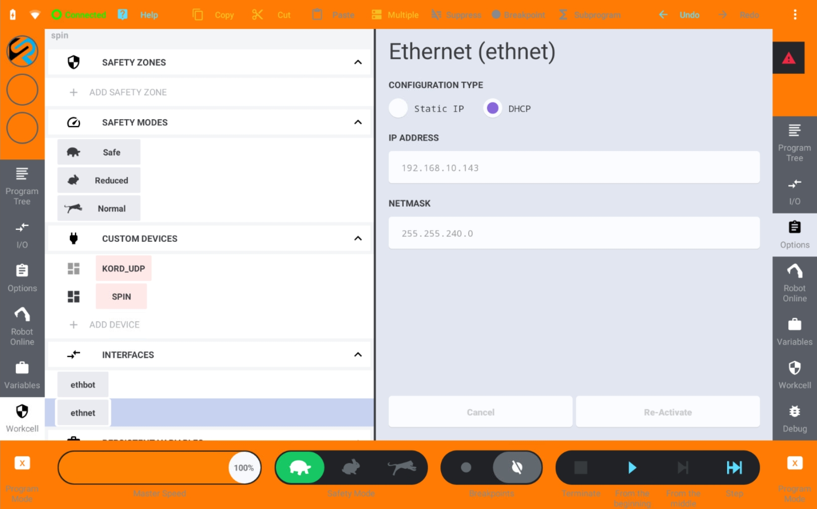 The Kassow ethnet interface set to DHCP