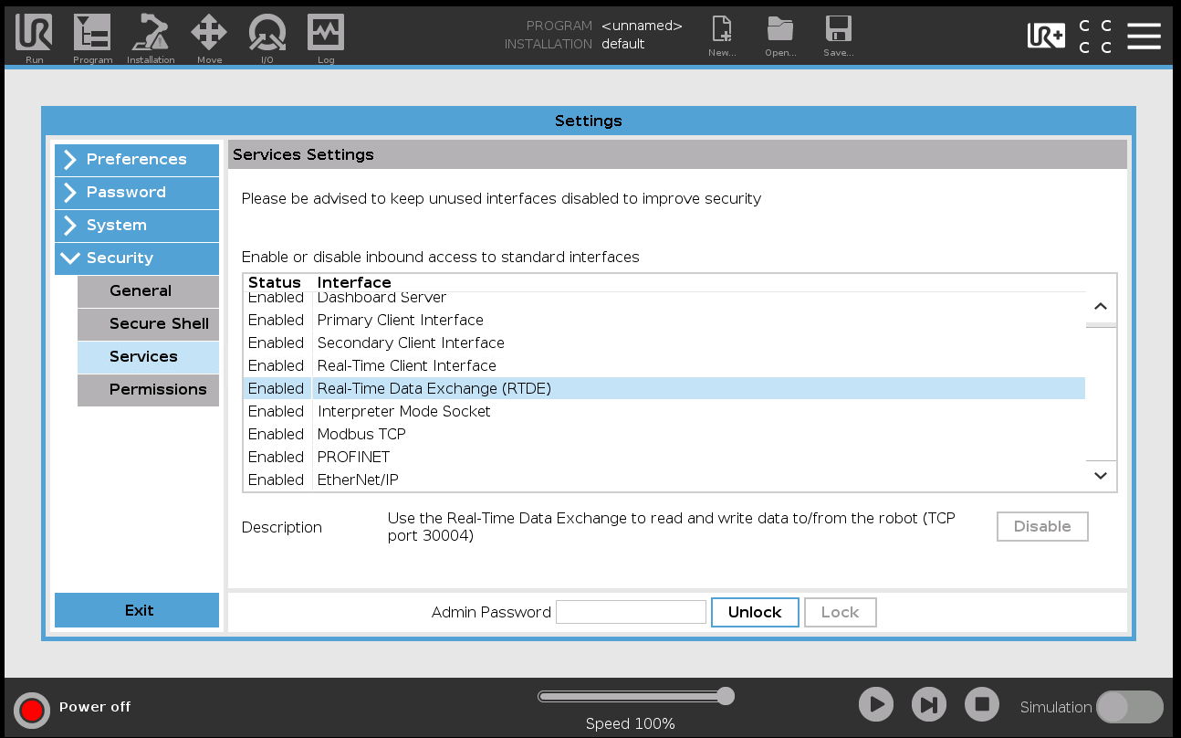 PolyScope's Services settings, with Real-Time Data Exchange (RTDE) enabled