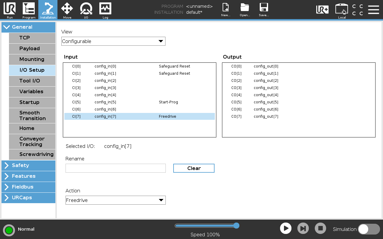 PolyScope's I/O Setup, with configurable input CI7 mapped to Freedrive and CI5 to Start-Prog