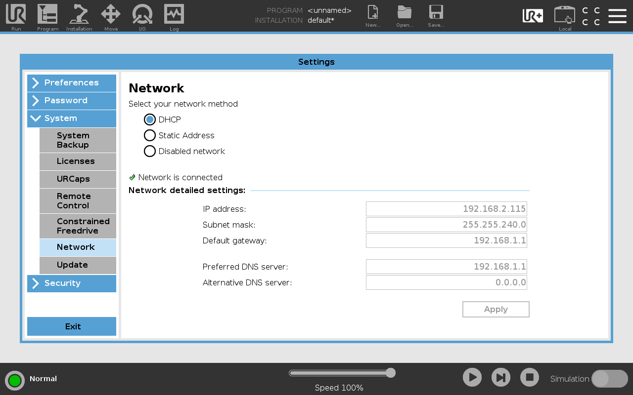 PolyScope's network settings set to DHCP