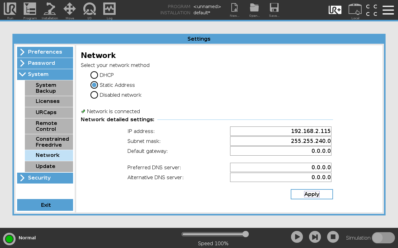 PolyScope's network settings with a static address and subnet mask in the plant's subnet