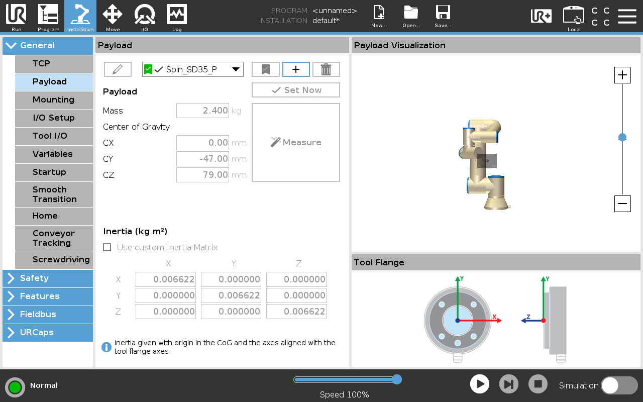 PolyScope's Payload page, with a predefined Spin payload selected