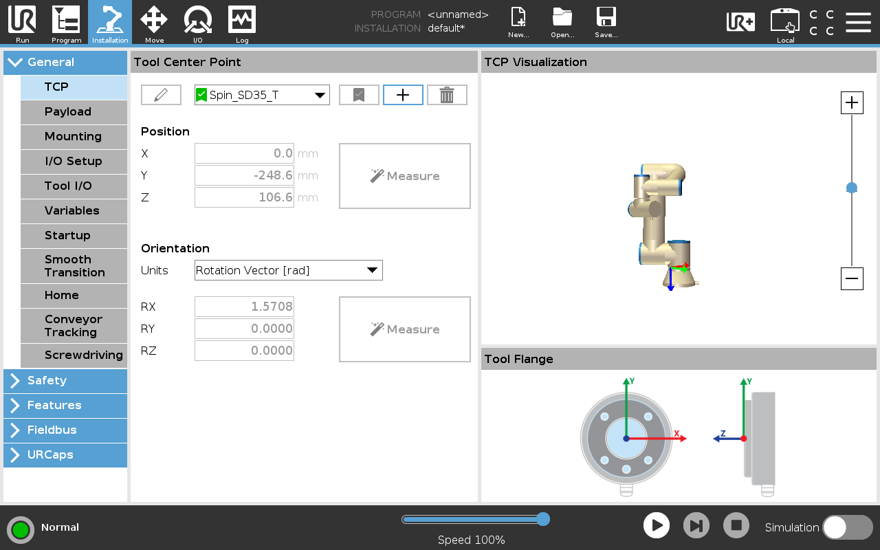 PolyScope's Tool Center Point page, with a predefined Spin TCP selected