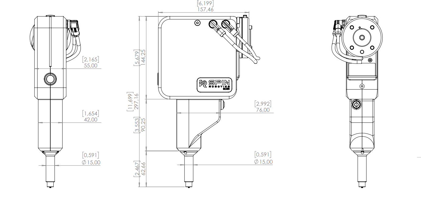 Dimensioned drawing of the tool from the side, the front and the back, with the safety shield fully retracted
