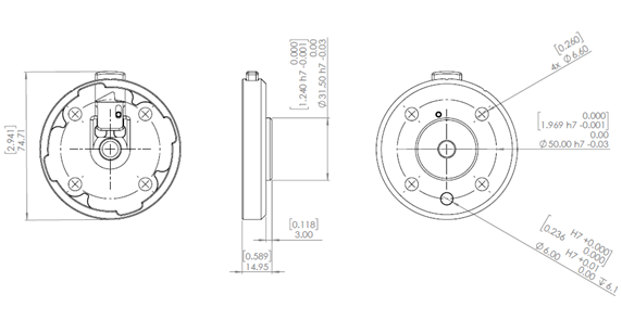 Dimensioned drawing of the Spin Mount from the robot side, from the side and from the tool side